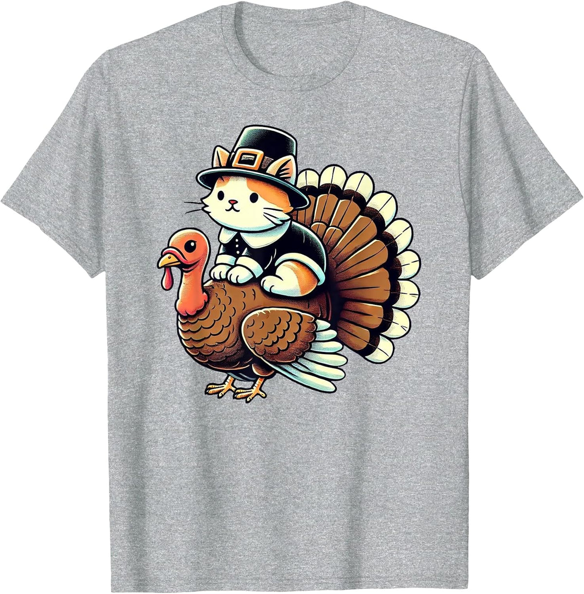 Pilgrim Cat Costume On Turkey Funny Thanksgiving Turkey T-Shirt - Heather Grey