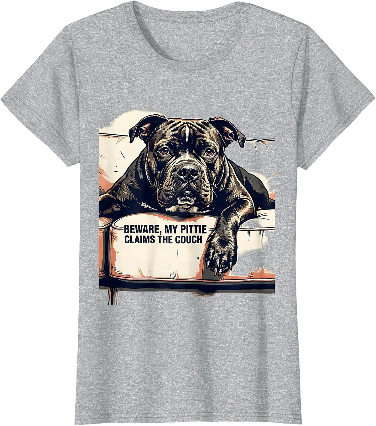 Beware, My Pittie Claims The Couch Funny Pitbull Dog Lover T-Shirt - Heather Grey