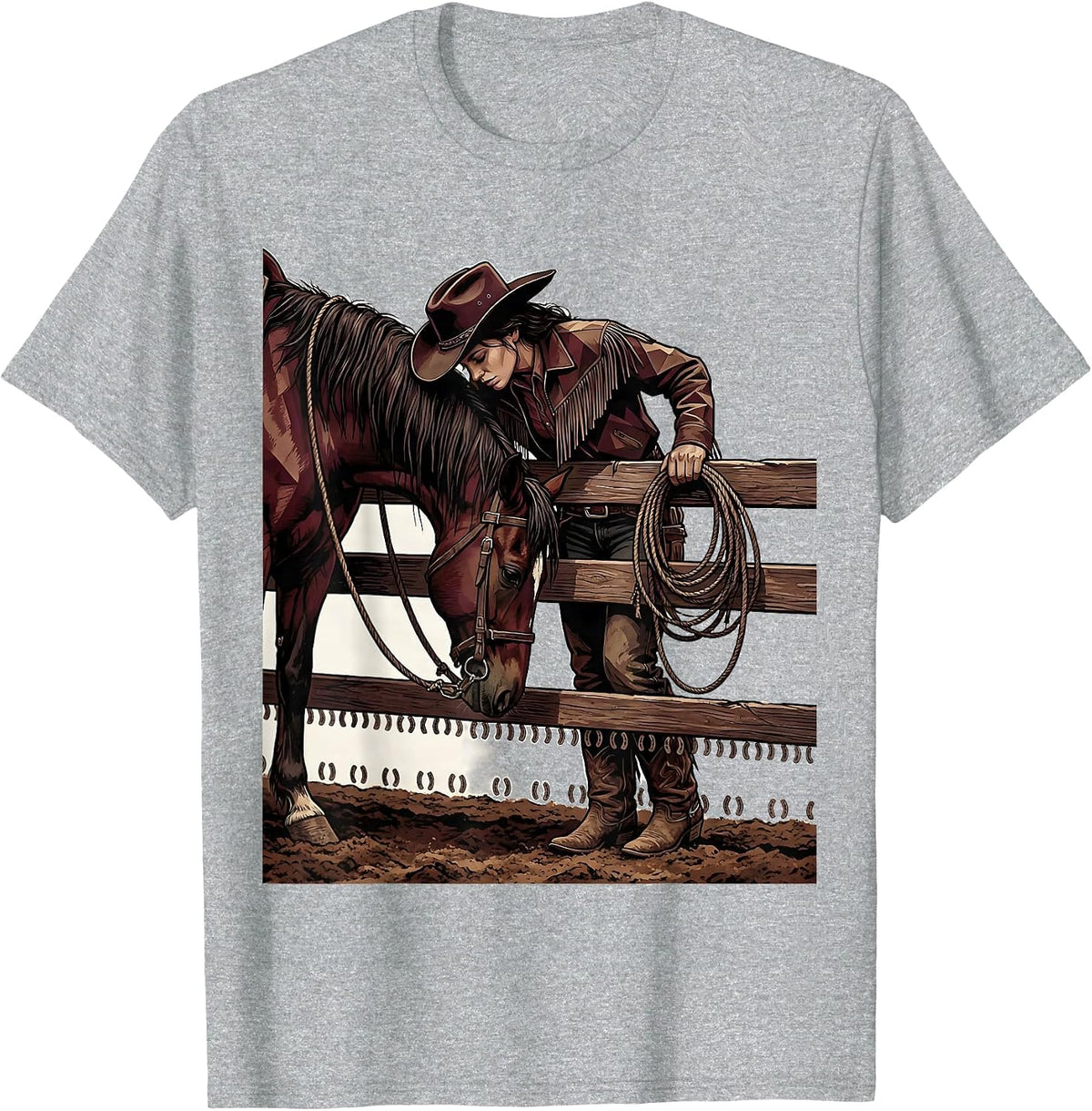 Men's Black Cowgirl Horse Rodeo Pride Western Pride Illustration T-Shirt - Heather Grey