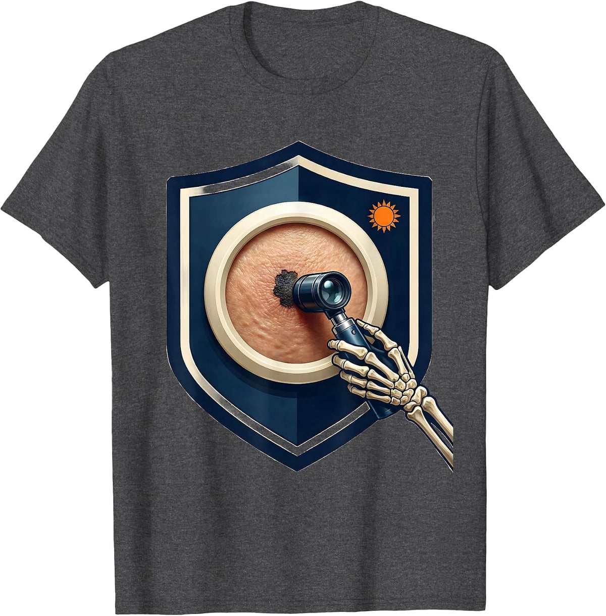 Men's Navy Shield Dermatology Skin Check Halloween Esthetician T-Shirt - Dark Heather Grey