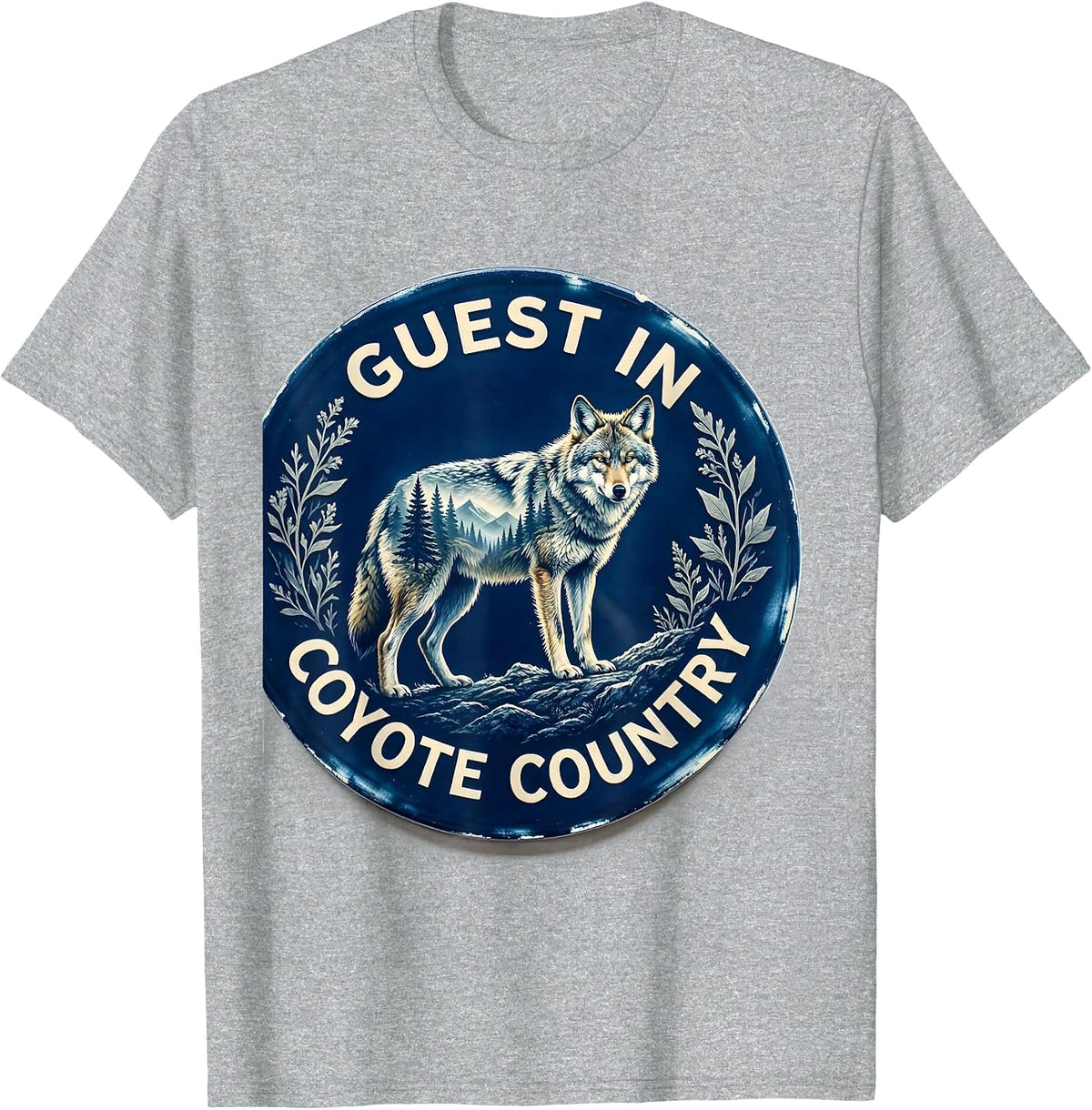 Men's Guest In Coyote Country Cyanotype Wildlife Forest Hiker T-Shirt - Heather Grey