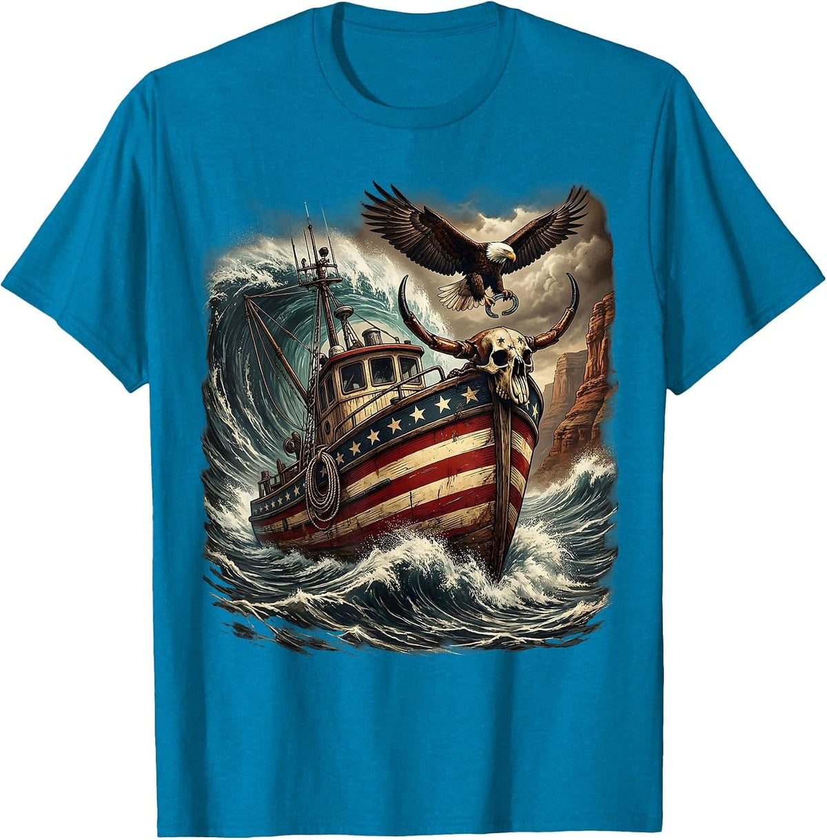 Gulf of America Crab Boat Storm Waves Illustration T-Shirt - Sapphire Blue