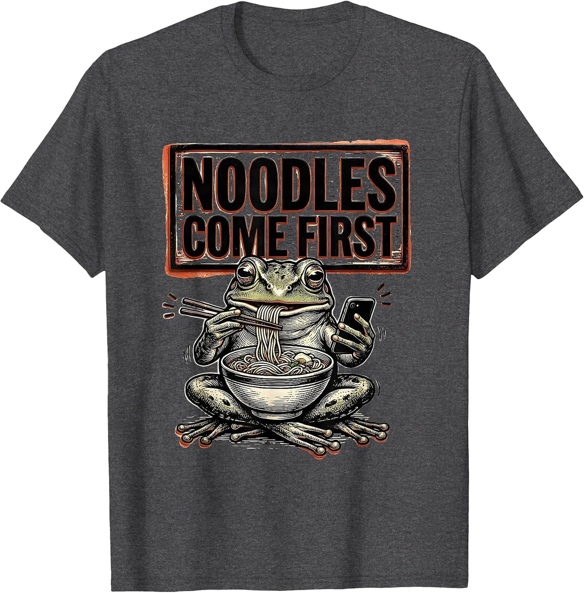 Men's Noodles Come First Funny Grumpy Frog Japanese Art Ramen T-Shirt - Dark Heather Grey