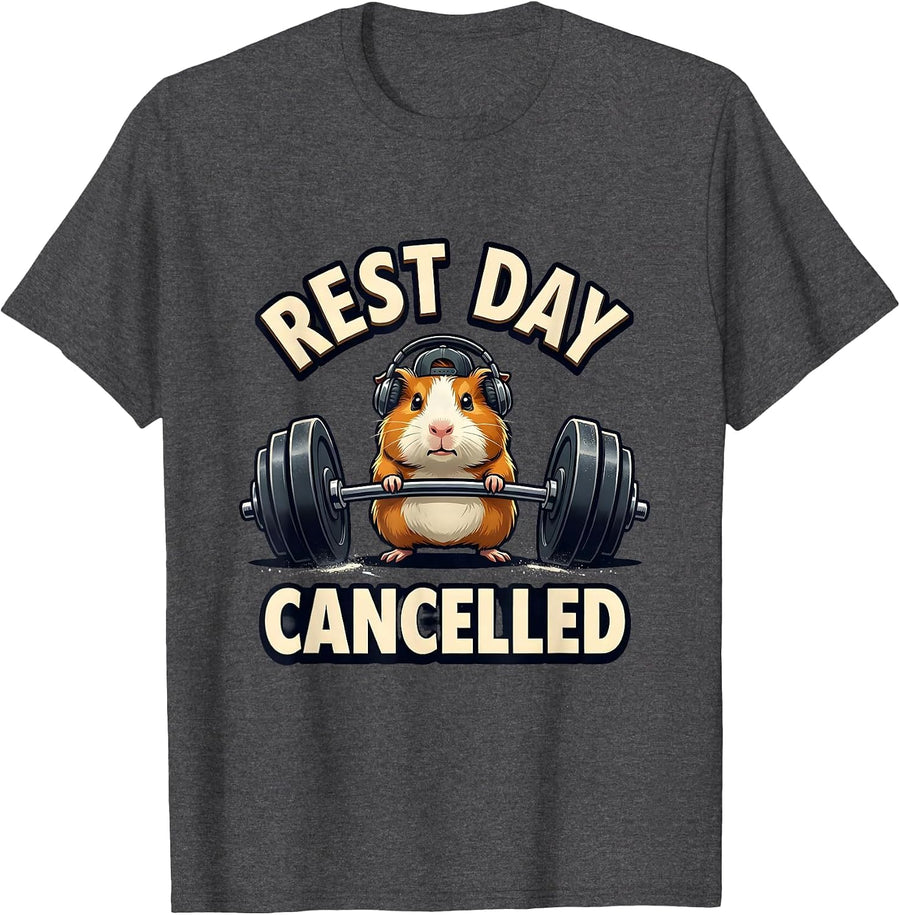 Men's Rest Day Cancelled Funny Guinea Pig Weightlifting Gym Meme T-Shirt - Dark Heather Grey