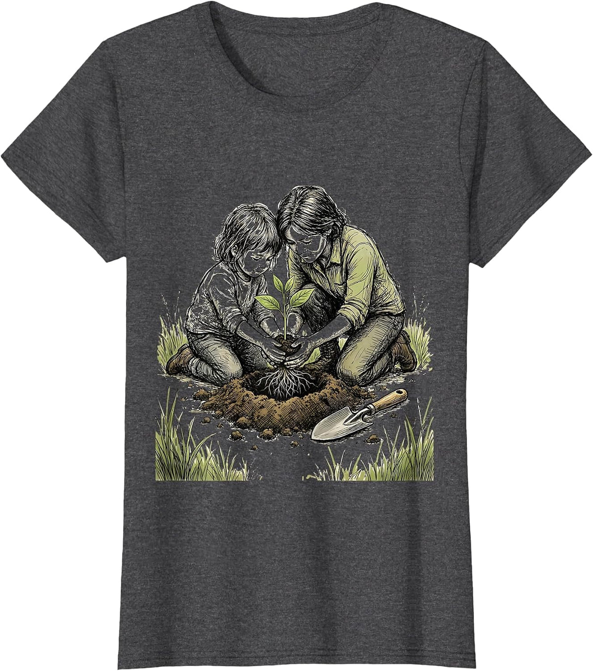 Women's Preschool Teacher Planting Seedling With Child T-Shirt - Dark Heather Grey
