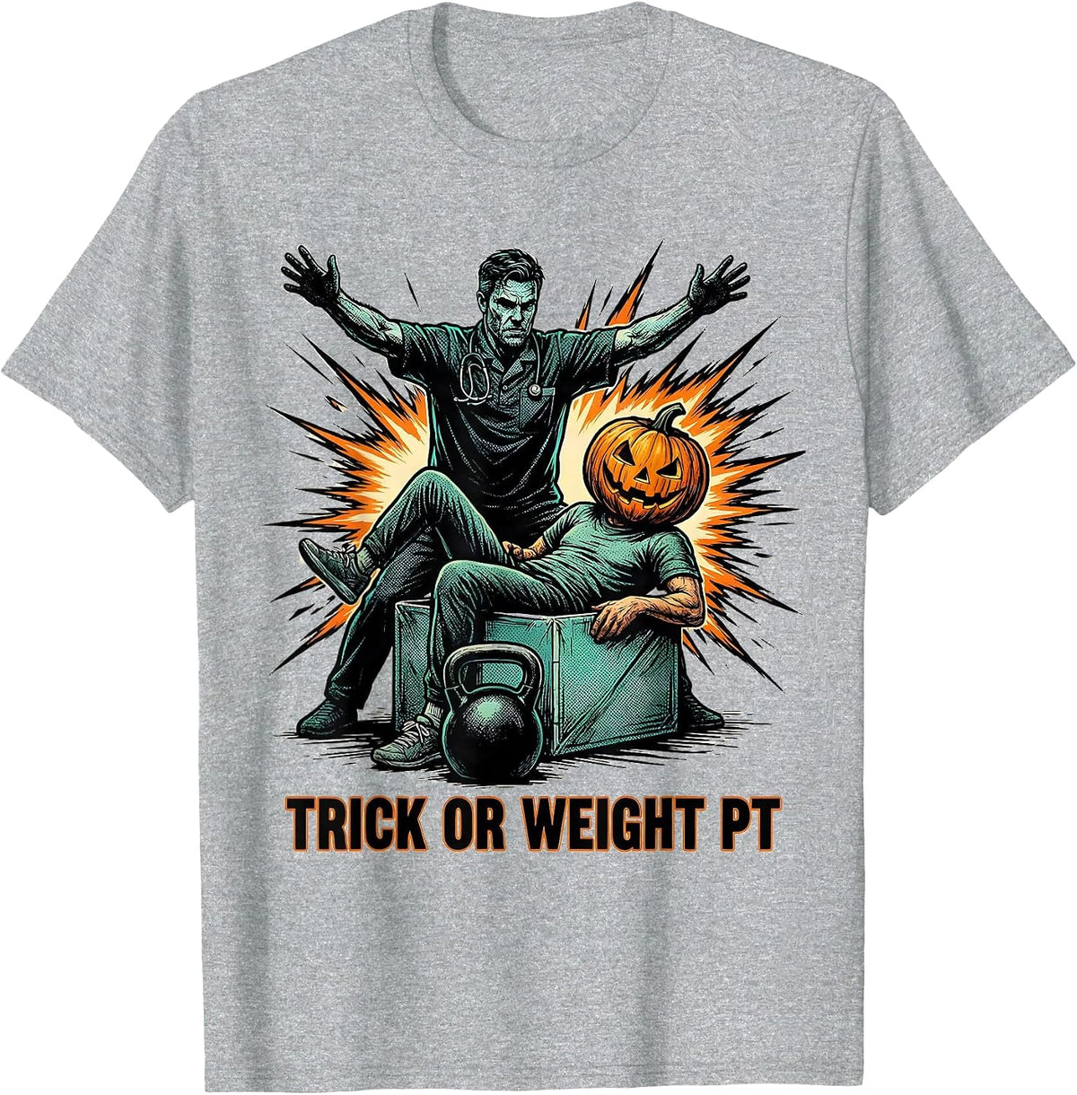 Men's Trick Or Weight PT Comic Ghost Physical Therapy Halloween T-Shirt - Heather Grey