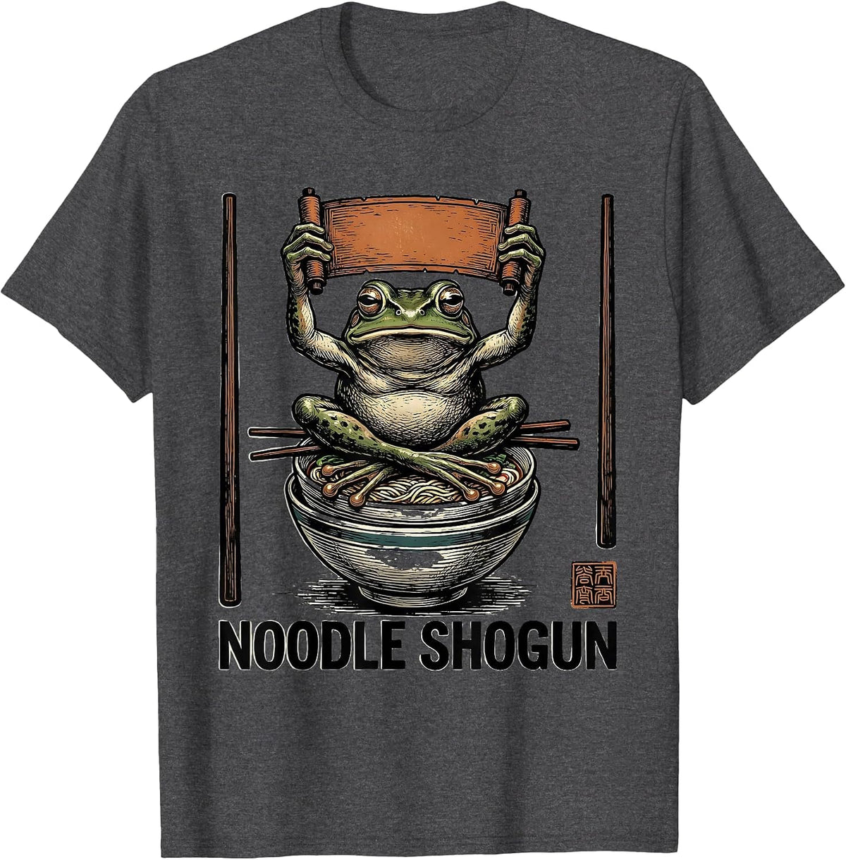 Noodle Shogun Grumpy Frog Ukiyo-e Ramen Humor T-Shirt - Dark Heather Grey