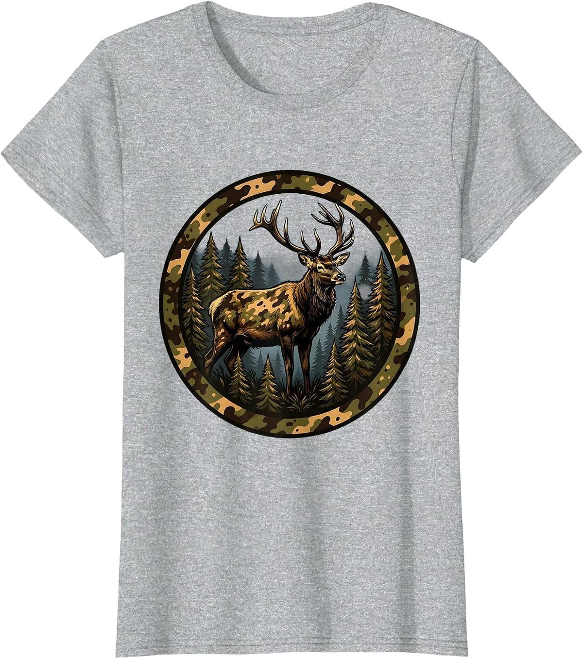 Elk Silhouette Misty Pine Forest Camo Design T-Shirt - Heather Grey