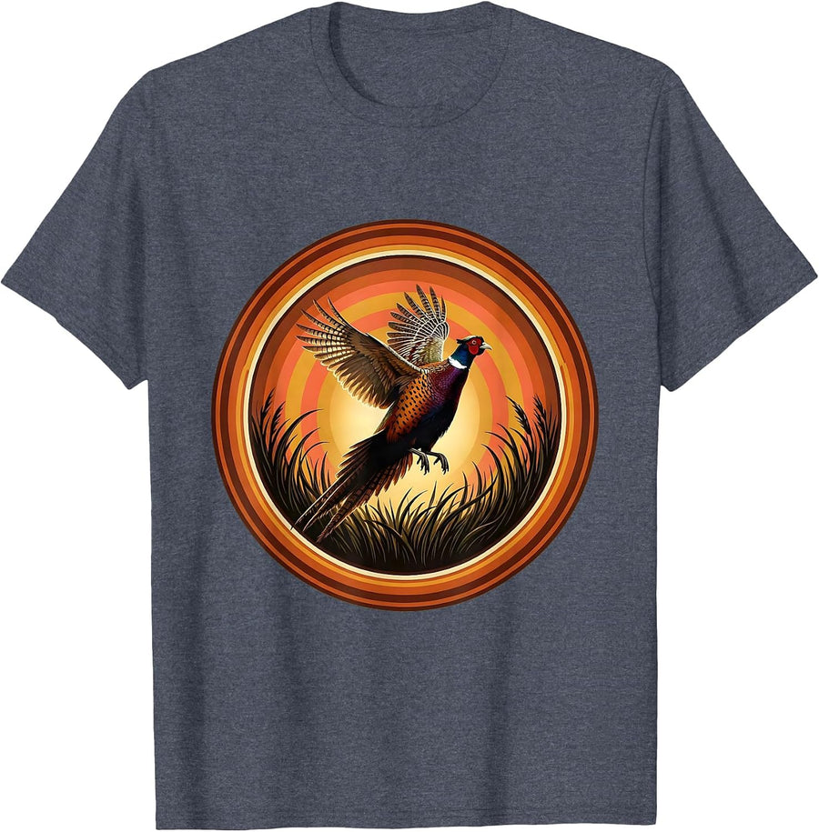 Pheasant in Flight Fall Hunting Illustration T-Shirt - Heather Blue