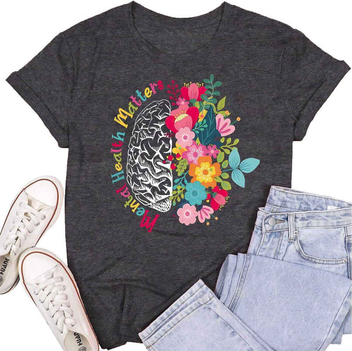 Womens Mental Health Matters Shirts Human Brain Illness Awareness T-Shirt Therapist Tee Top - Grey