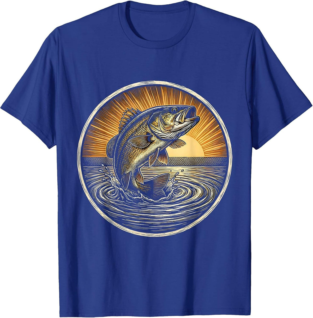 Bass Breaking Water Surface at Dusk Fishing T-Shirt - Royal Blue
