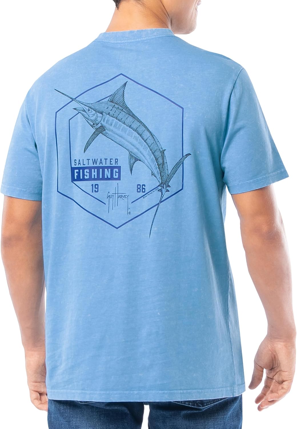 Guy Harvey Men’s Short Sleeve Coastal Wash Cotton Graphic Pocket T-Shirt - Mineral Blue\/Saltwater Fishing
