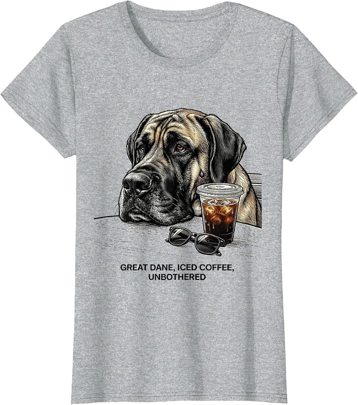Women's Great Dane Iced Coffee Unbothered Funny Dog Lover Meme T-Shirt - Heather Grey