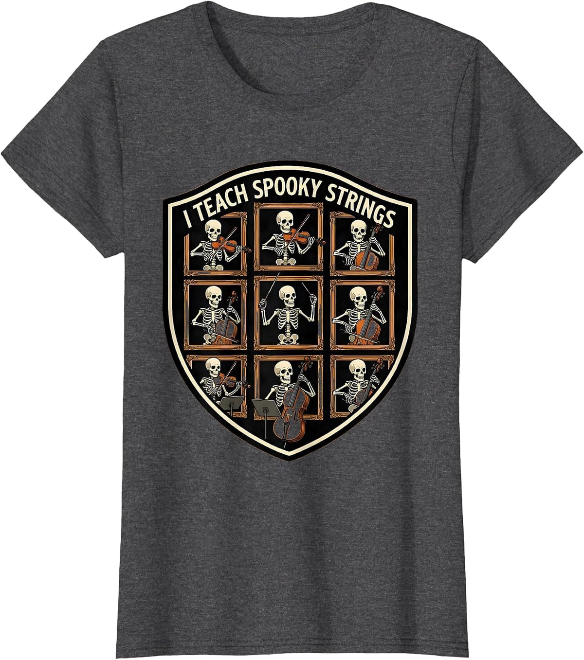 Women's I Teach Spooky Strings Funny Music Teacher Halloween Ghost T-Shirt - Dark Heather Grey