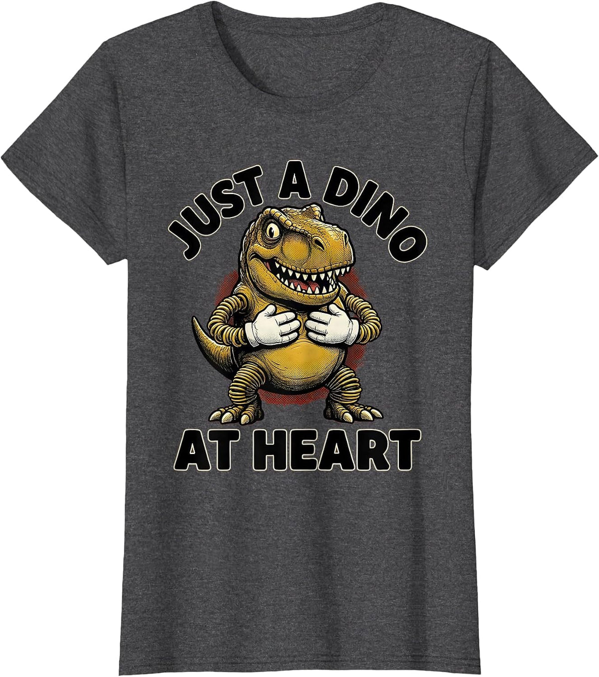 Women's Just a Dino at Heart Dinosaur Lover Design T-Shirt - Dark Heather Grey