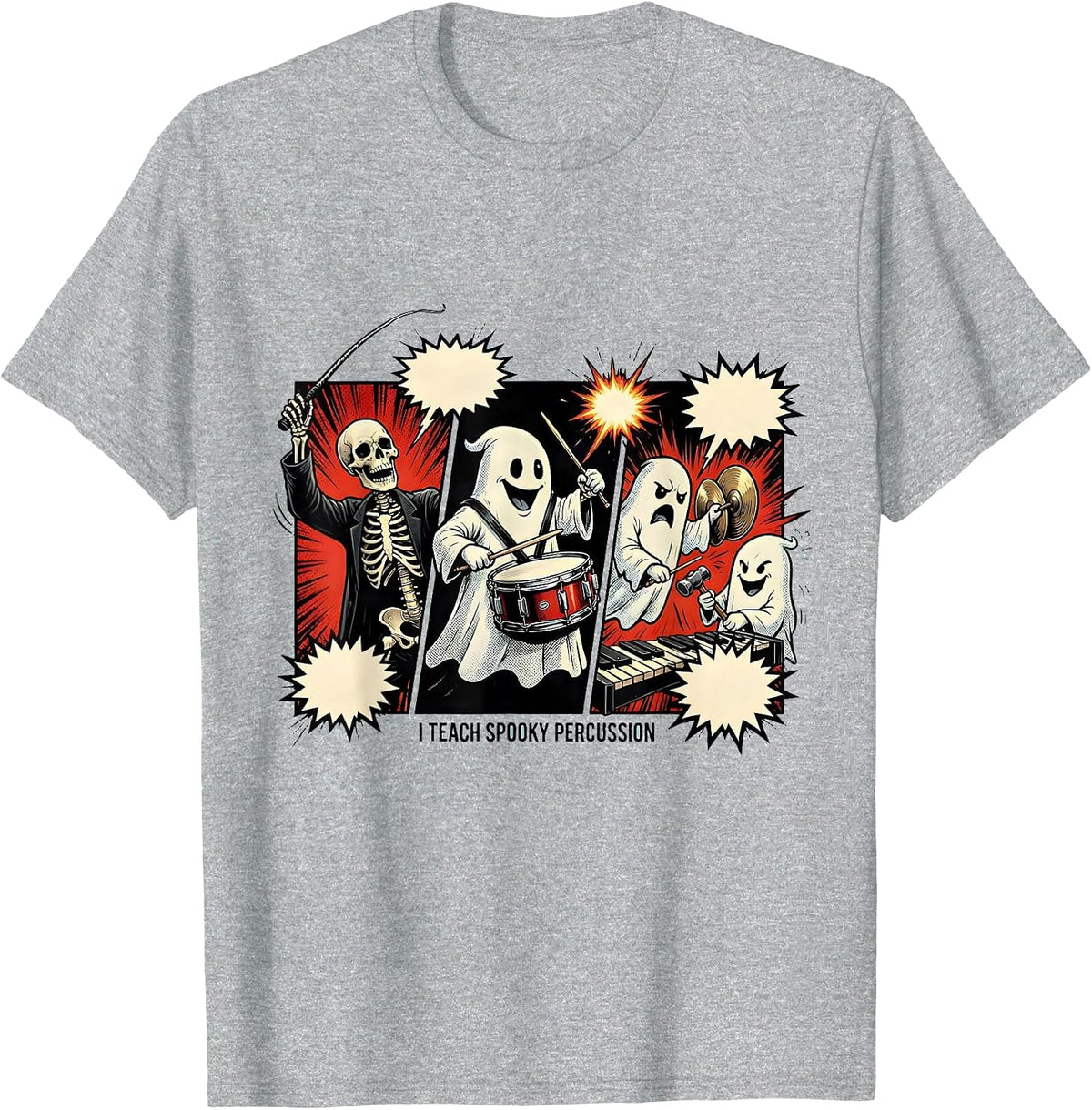 Men's I Teach Spooky Percussion Comic Book Halloween Music Teacher T-Shirt - Heather Grey