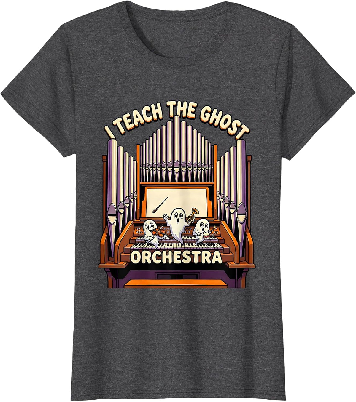 Women's I Teach The Ghost Orchestra Cartoon Halloween Music Teacher T-Shirt - Dark Heather Grey