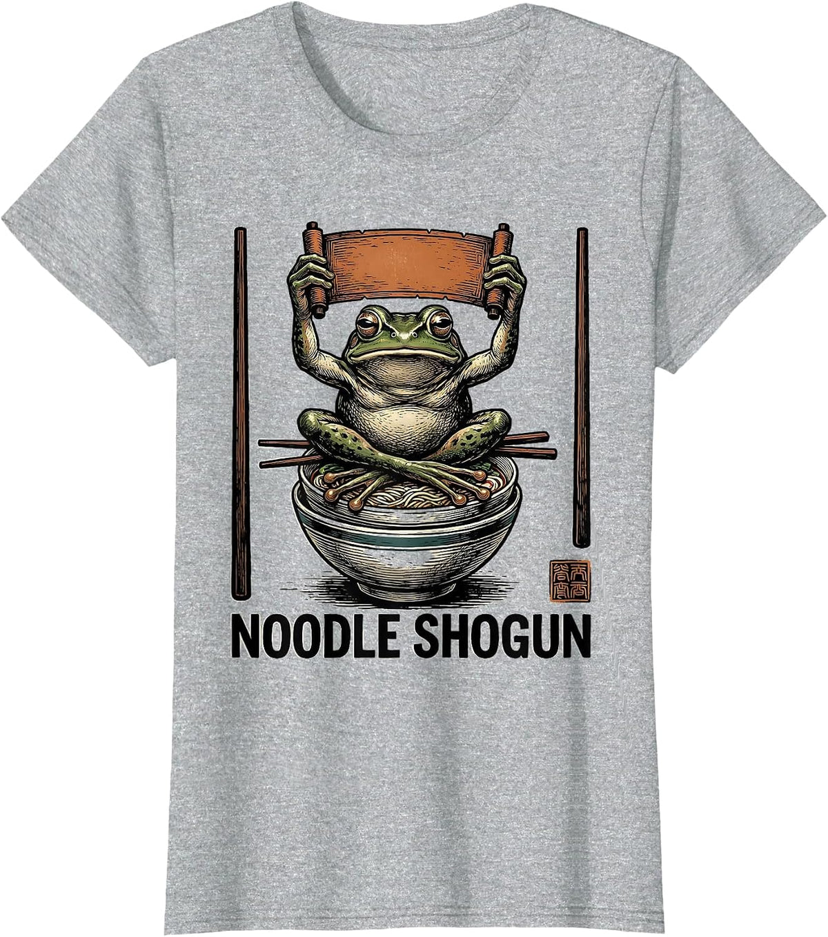 Noodle Shogun Grumpy Frog Ukiyo-e Ramen Humor T-Shirt - Heather Grey