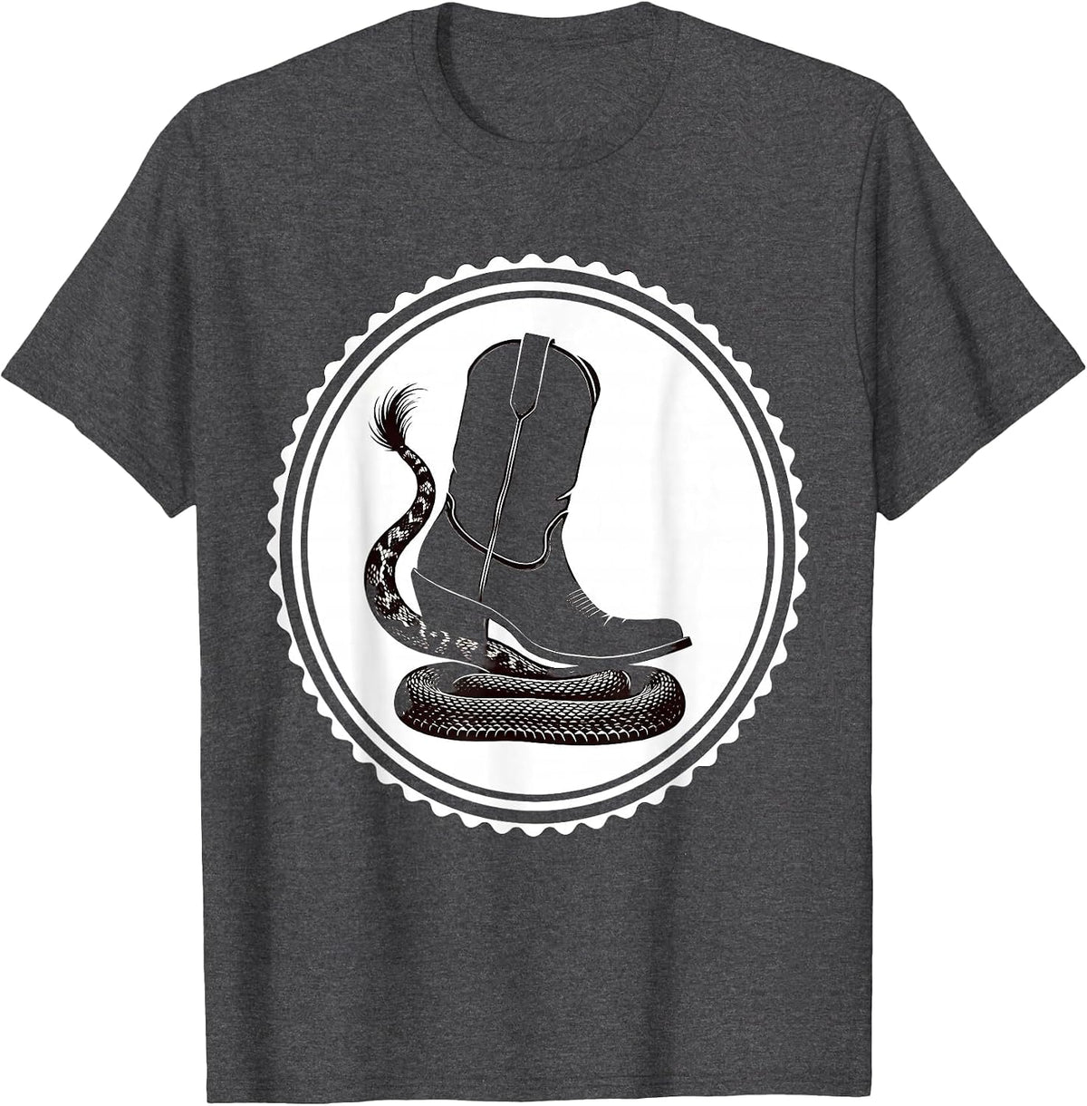 Cowgirl Boot Crushing Rattlesnake Rodeo Design T-Shirt - Dark Heather Grey