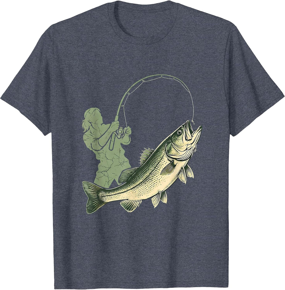 Bass Fishing Angler Reeling In Leaping Bass T-Shirt - Heather Blue