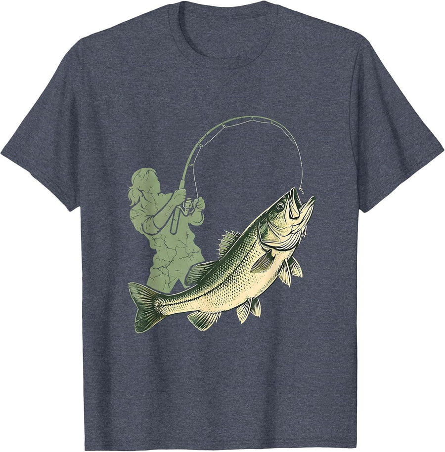 Bass Fishing Angler Reeling In Leaping Bass T-Shirt - Heather Blue