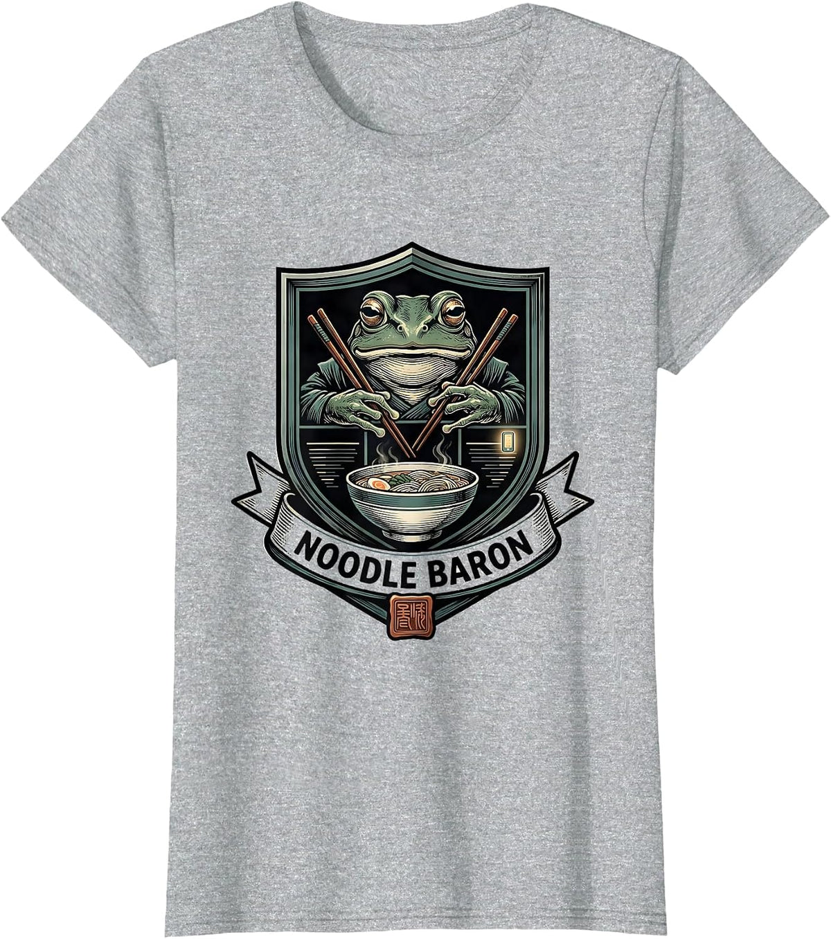 Noodle Baron Grumpy Frog Ramen Ukiyo-e Anime Humor T-Shirt - Heather Grey