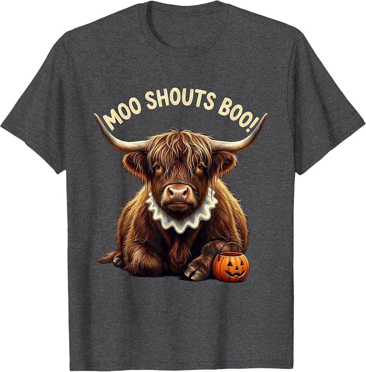 Men's Moo Shouts Boo! Funny Highland Cow Fall Halloween Pun T-Shirt - Dark Heather Grey