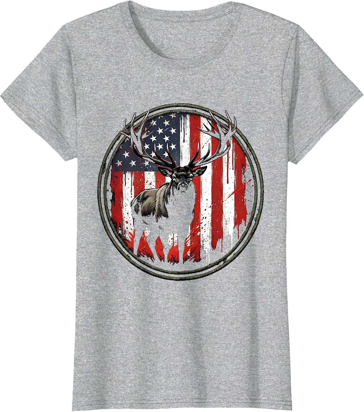 Bull Elk Meadow Sunrise Wildlife Illustration T-Shirt - Heather Grey