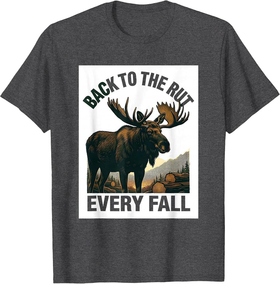 Men's Back To The Rut Every Fall Screenprint Moose Hunting Outdoor T-Shirt - Dark Heather Grey