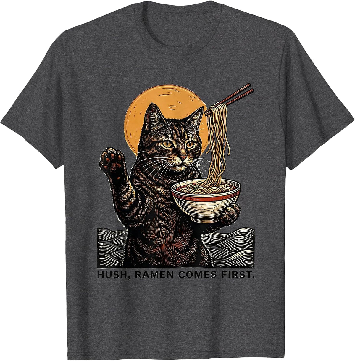 Men's Hush, Ramen Comes First Funny Kawaii Anime Cat Gift T-Shirt - Dark Heather Grey