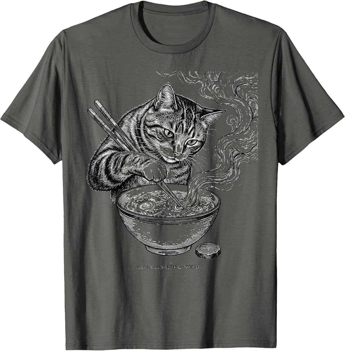 Certified Broth Examiner Funny Cat Ramen Anime Kawaii Gift T-Shirt - Asphalt Grey