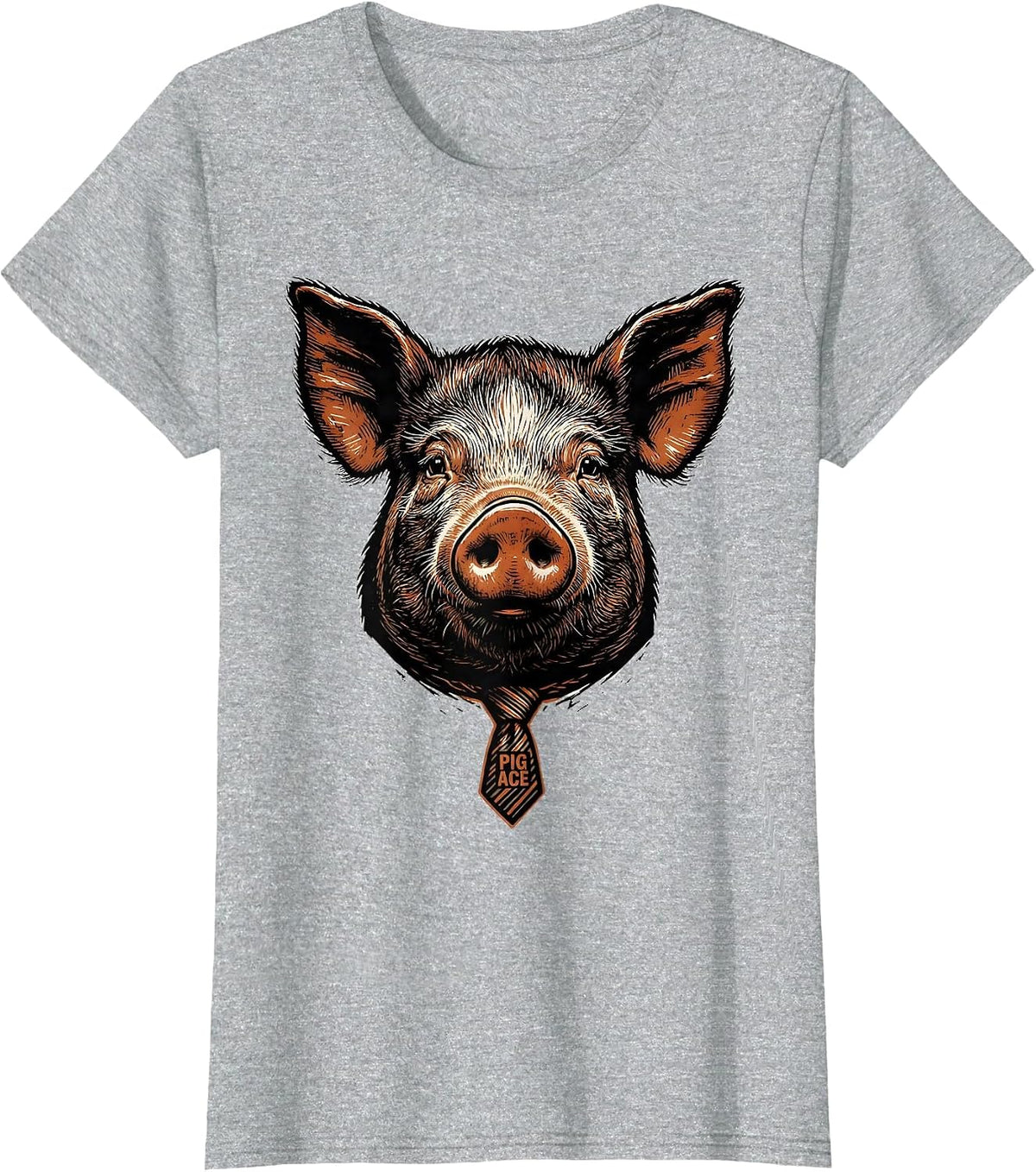 Pig Ace Funny Farm Animal Linocut Graphic Humor T-Shirt - Heather Grey