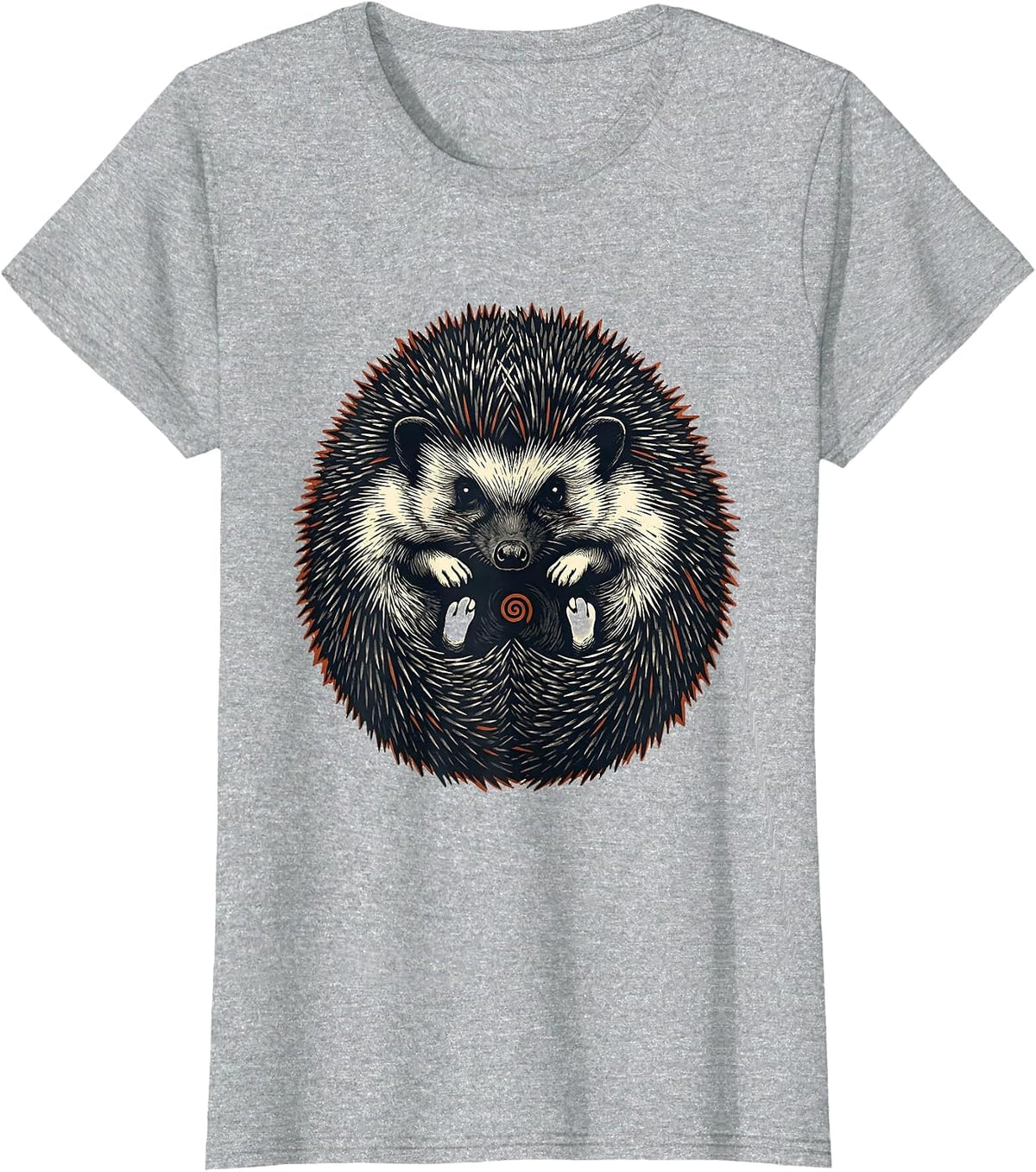 Women's Cute Curled Hedgehog Linocut Animal Lover Gift T-Shirt - Heather Grey