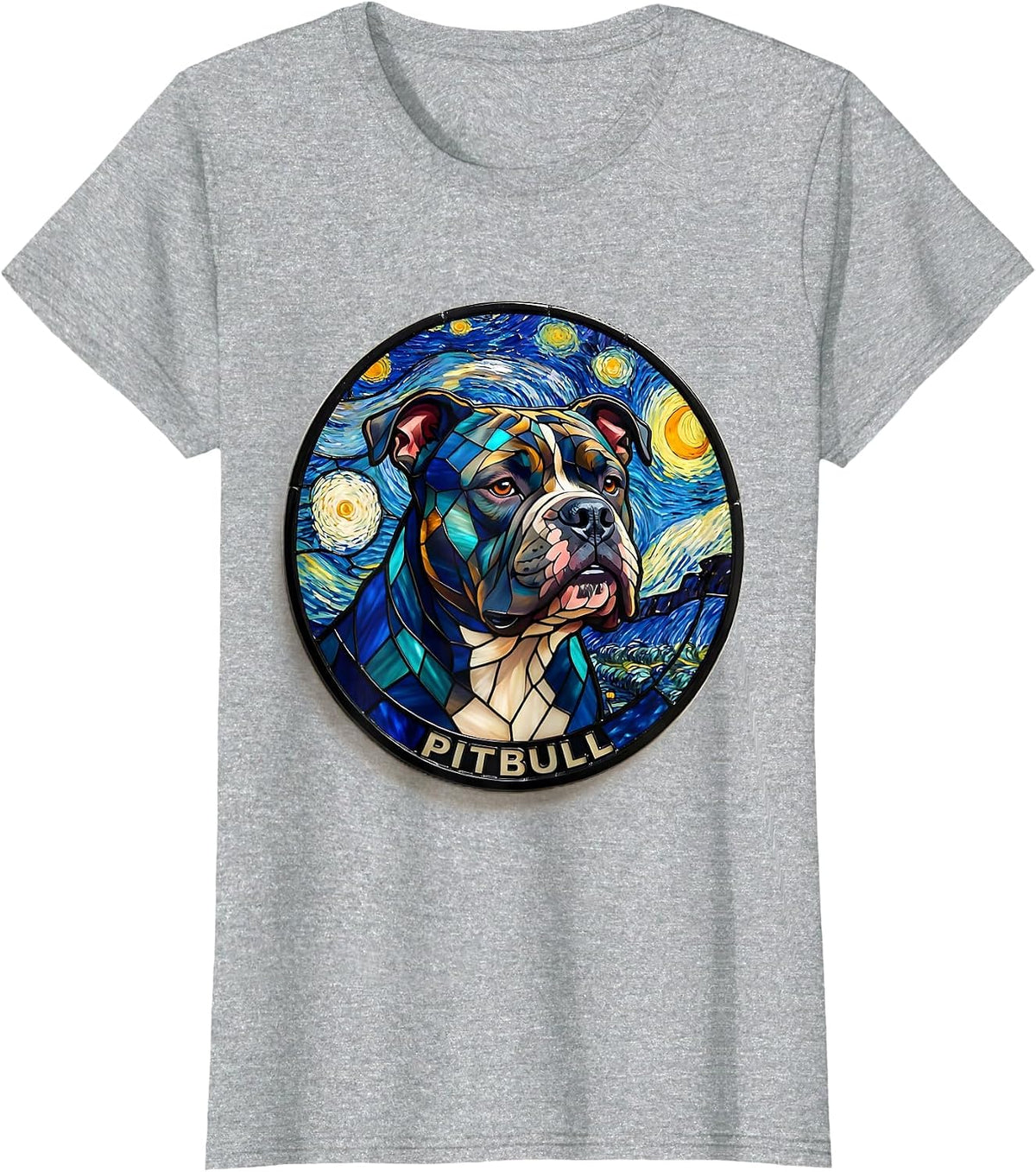 Pitbull Dog Van Gogh Style Starry Night Art Tribute T-Shirt - Heather Grey