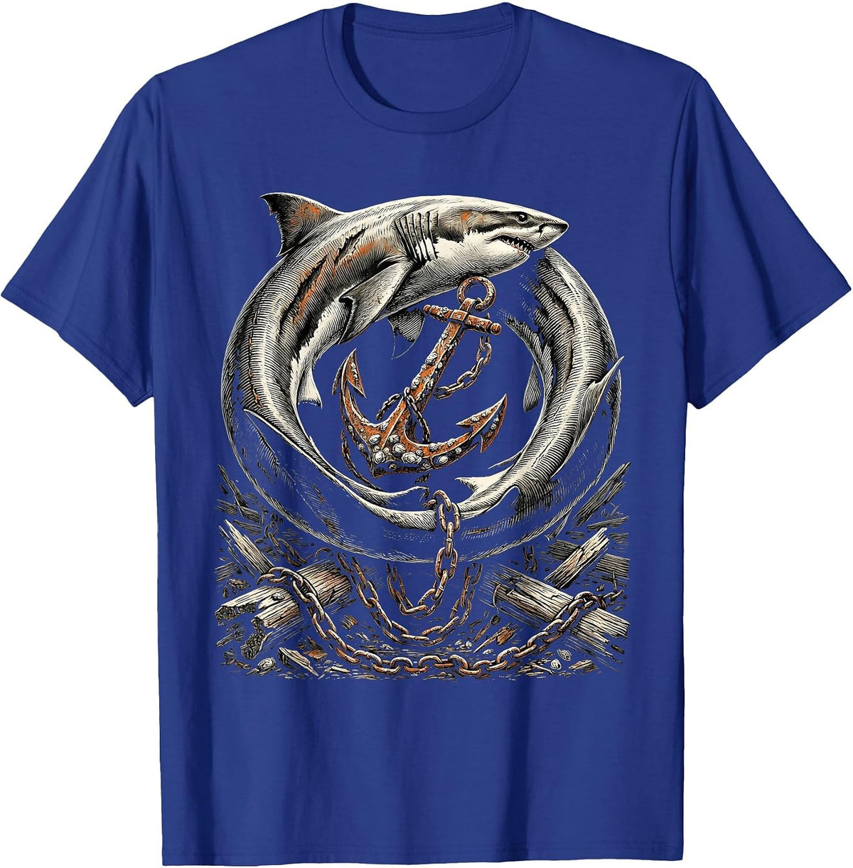Men's Bull Shark Circling Shipwreck Anchor Graphic T-Shirt - Royal Blue
