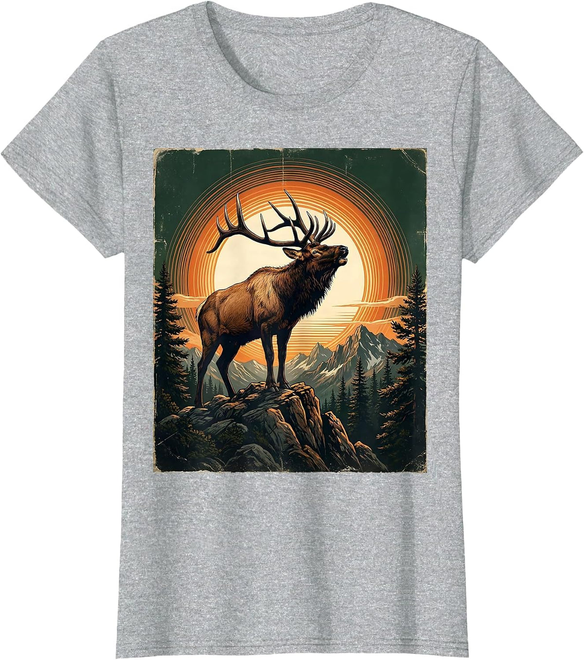 Women's Elk Bugling at Mountain Peak Sunrise T-Shirt - Heather Grey