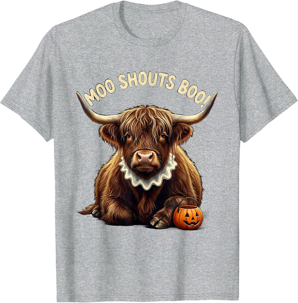 Men's Moo Shouts Boo! Funny Highland Cow Fall Halloween Pun T-Shirt - Heather Grey