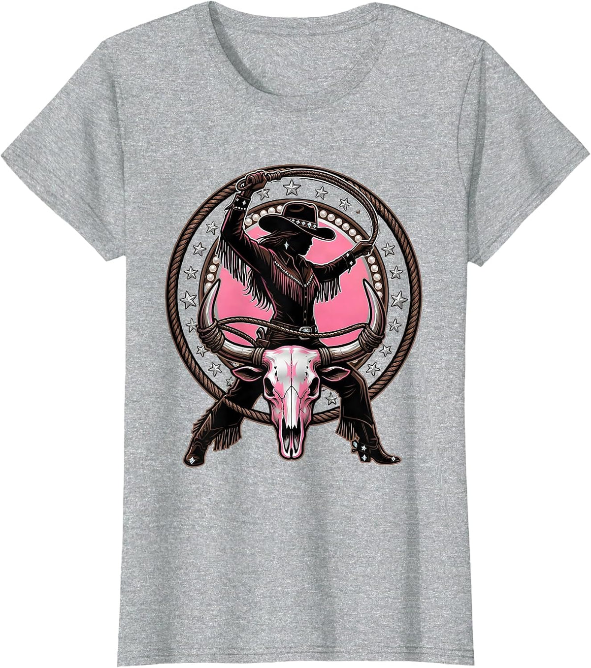 Women's Cowgirl Roping Steer Horns Western Rodeo Graphic T-Shirt - Heather Grey