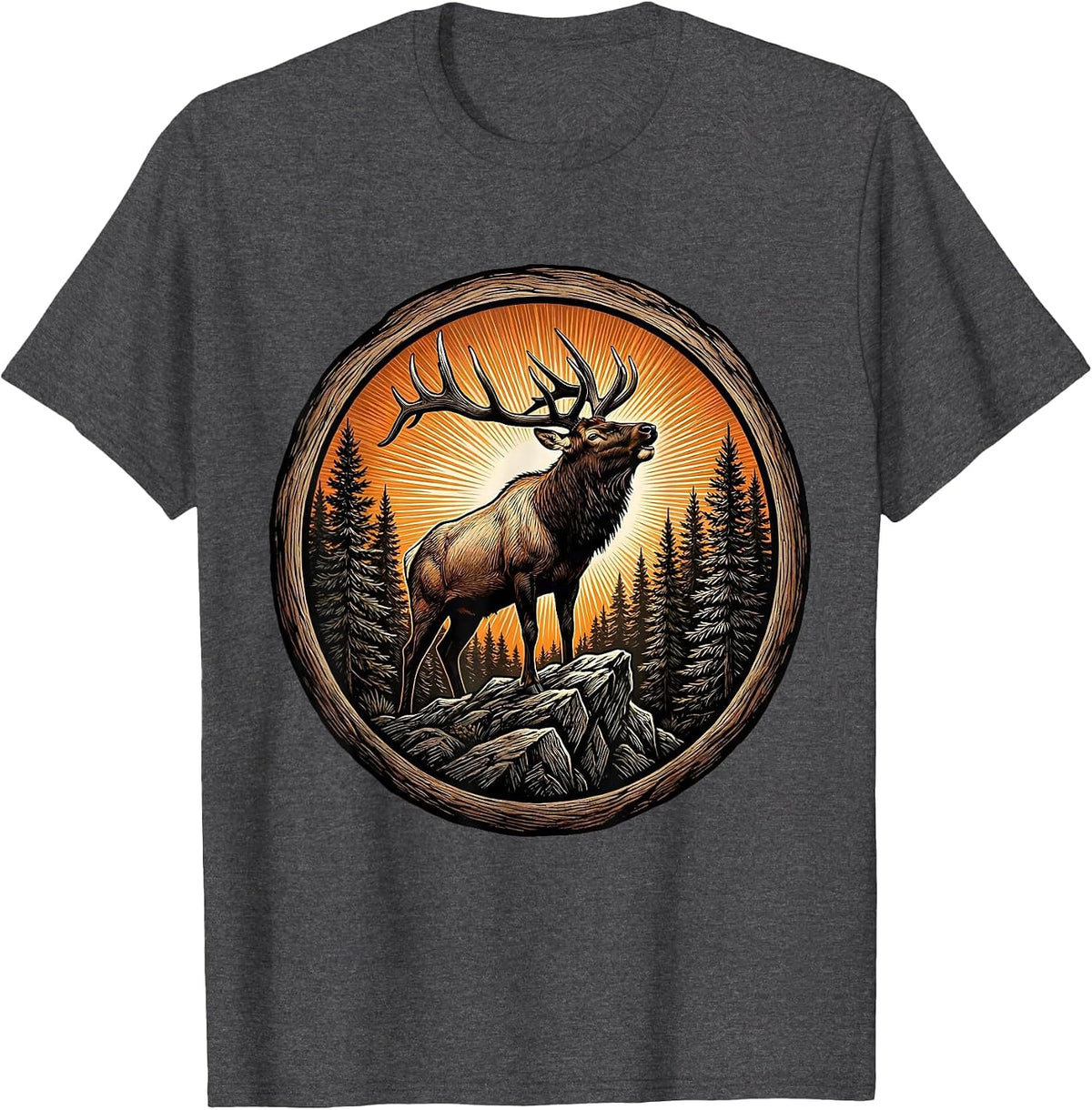 Men's Elk Bugling at Sunset Wildlife Nature Design T-Shirt - Dark Heather Grey