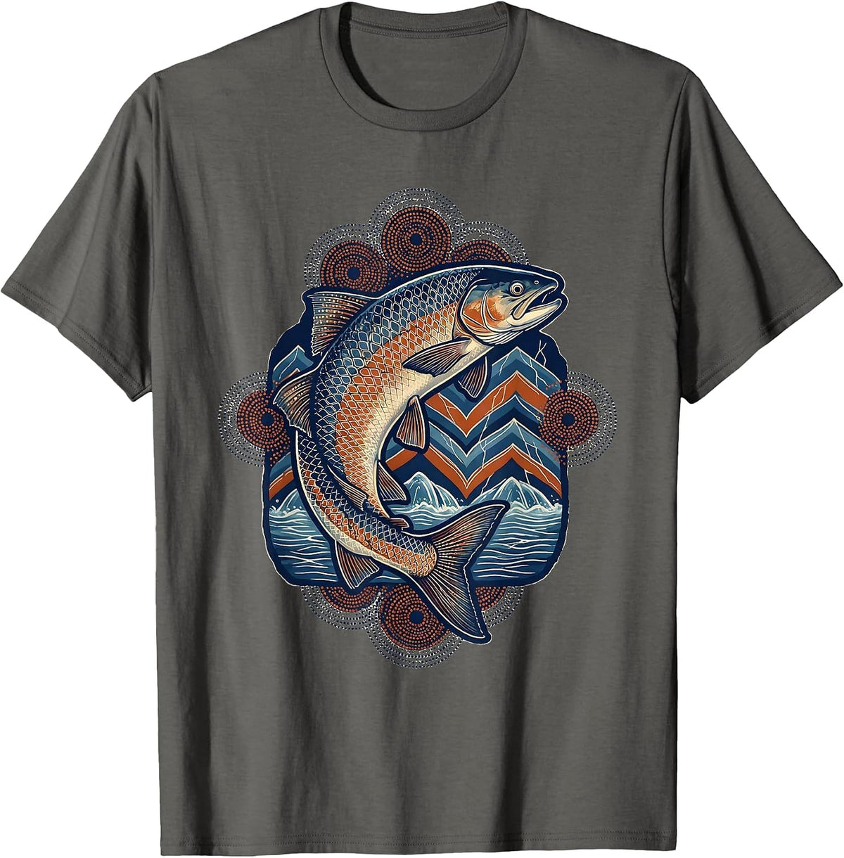 Salmon Leaping Upstream Waterfall Illustration T-Shirt - Asphalt Grey