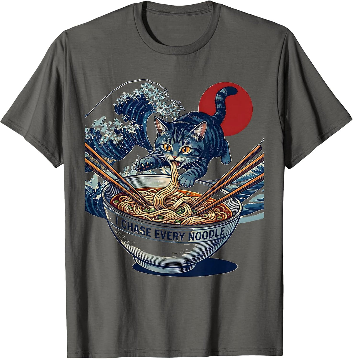 Men's I Chase Every Noodle Funny Kawaii Anime Cat Ramen Gift T-Shirt - Asphalt Grey
