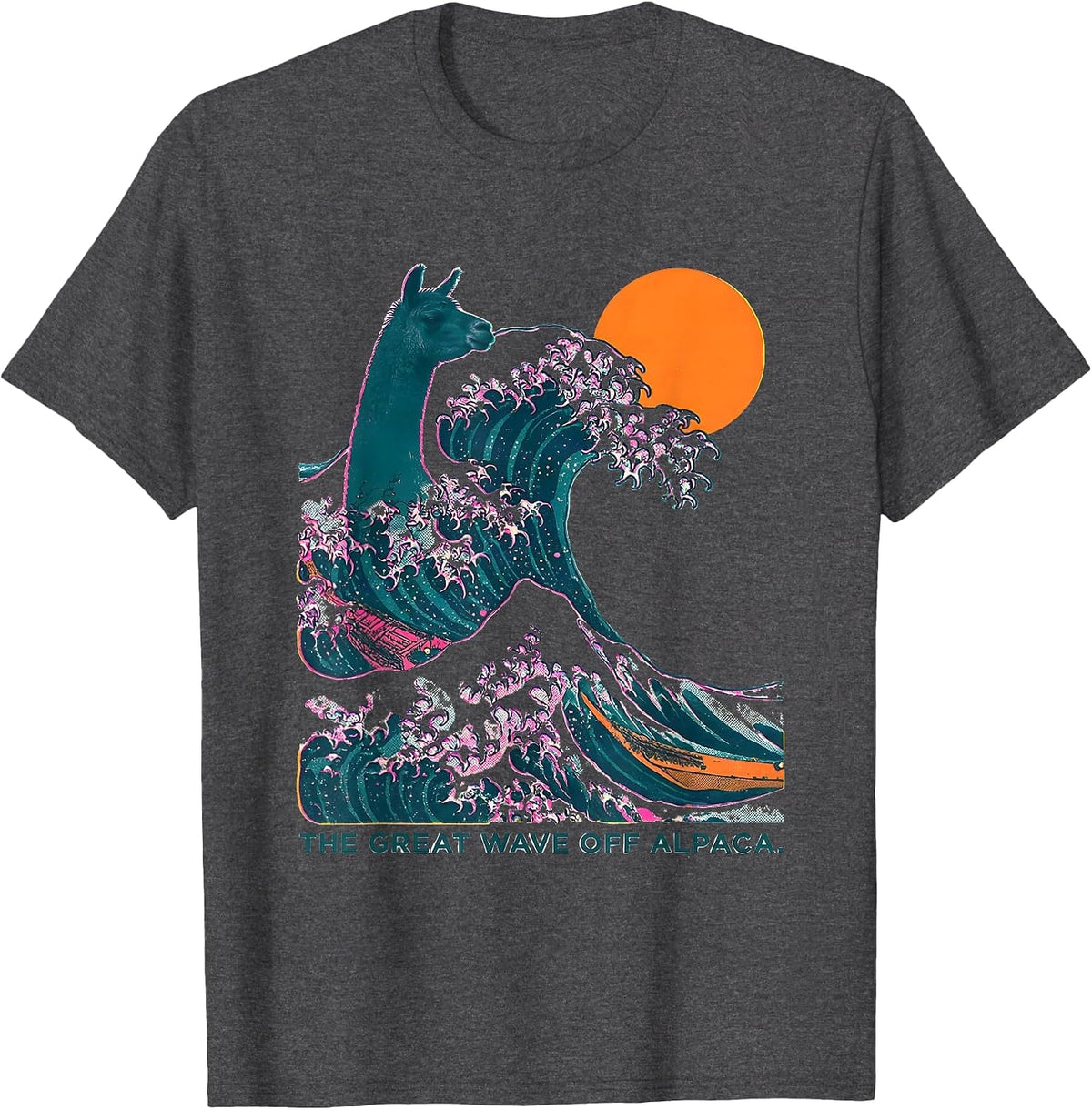 The Great Wave off Alpaca Risograph Funny Animal Lover T-Shirt - Dark Heather Grey
