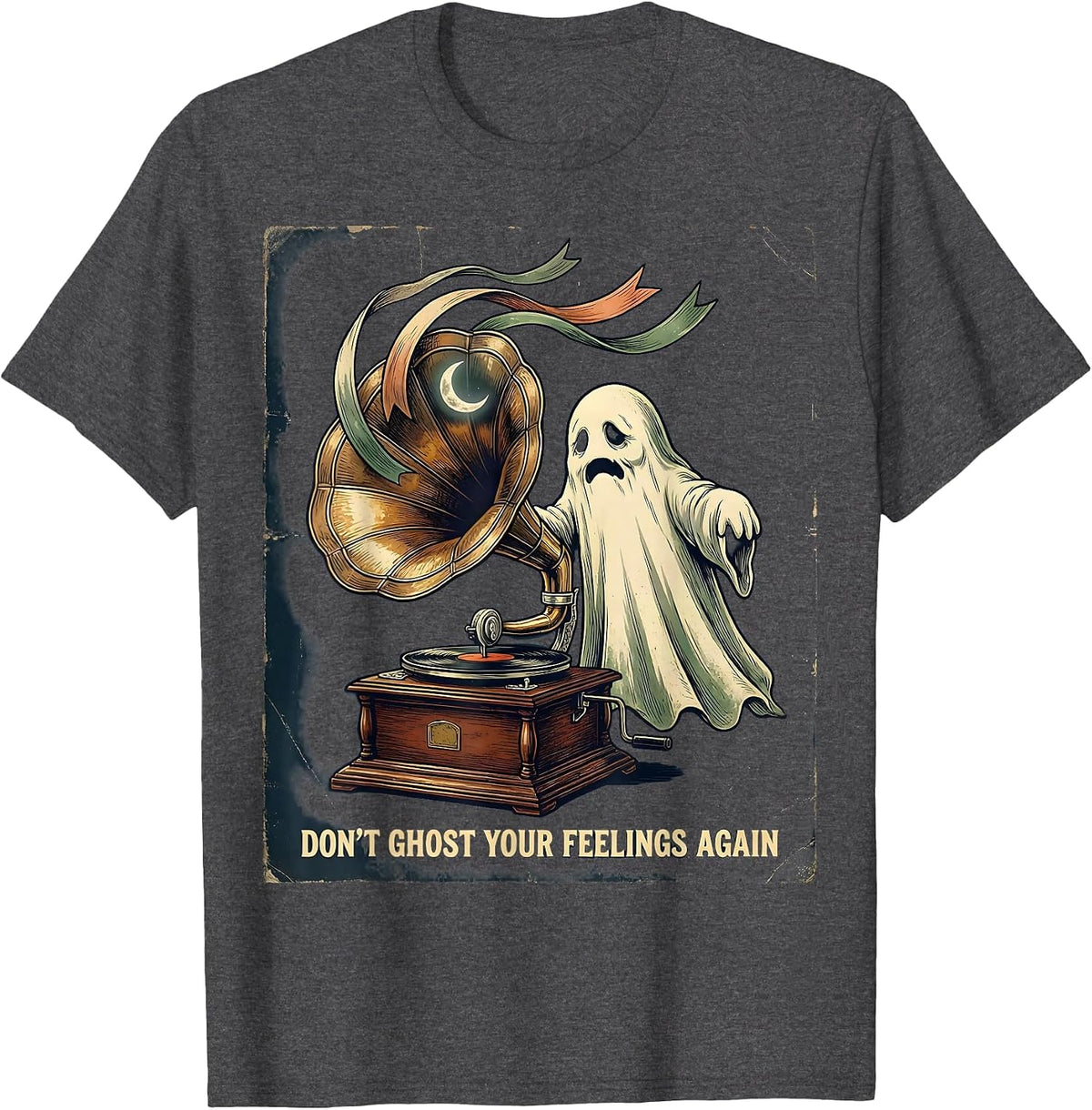 Men's Don't Ghost Your Feelings Again Vintage Ghost Mental Health T-Shirt - Dark Heather Grey