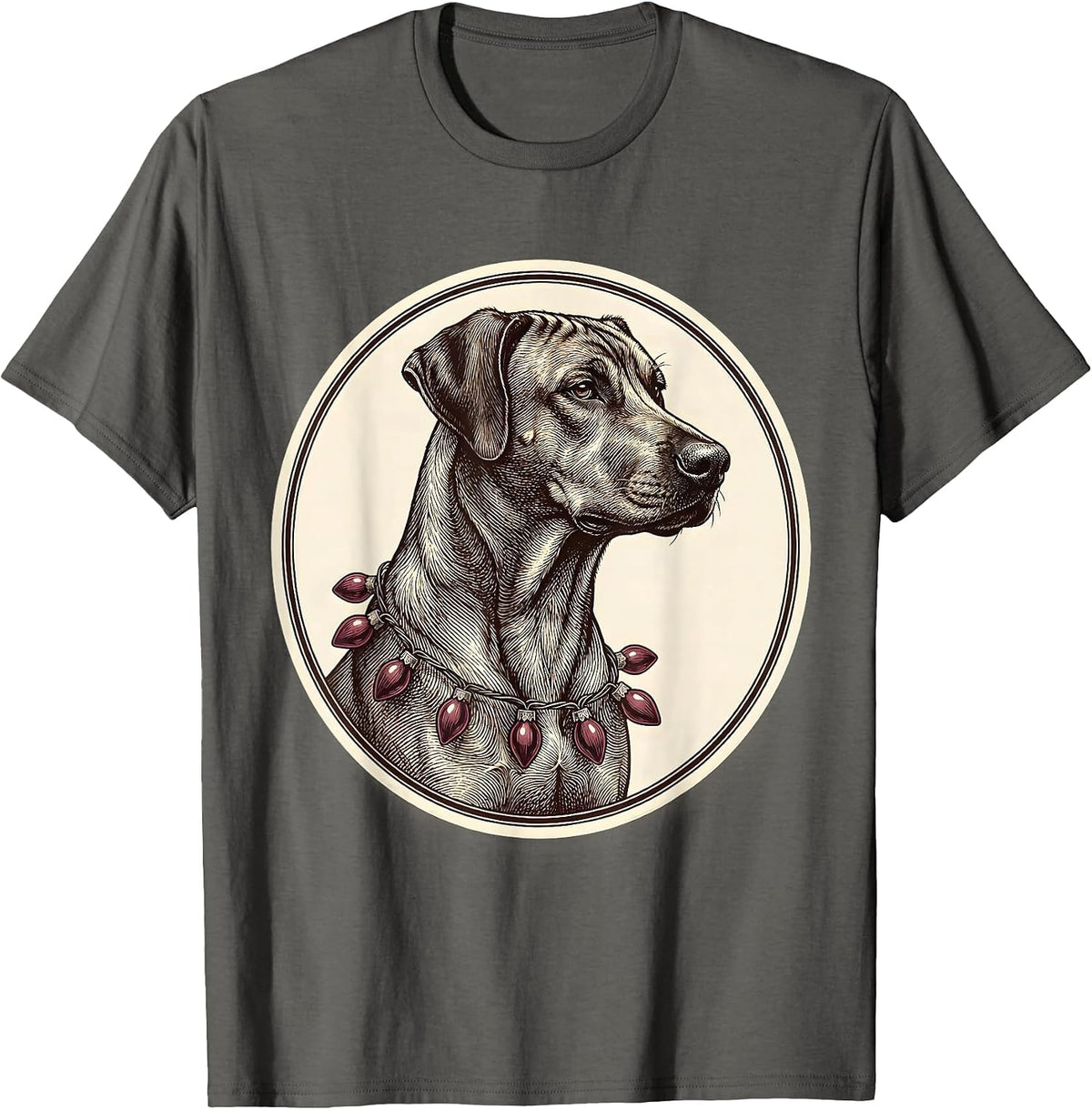 Men's Rhodesian Ridgeback Christmas Lights Crosshatch Etching T-Shirt - Asphalt Grey