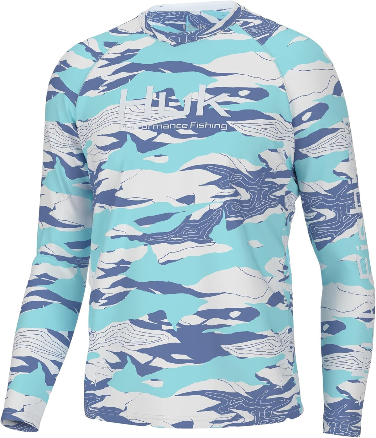 HUK Men's Pursuit Crew Long Sleeve Shirt, Sun Protecting Fishing Shirt - Tidal Map - Island Paradise