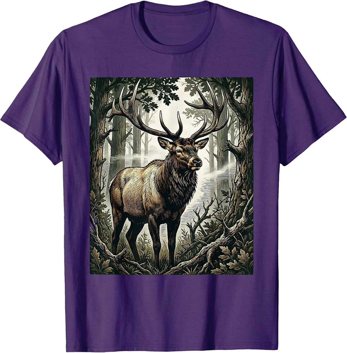 Bull Elk in Misty Camo Woods Illustration T-Shirt - Purple