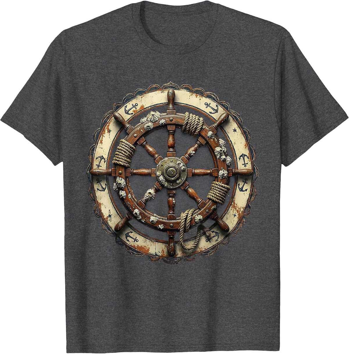 Barnacle Ship Wheel Sailor Graphic Tee T-Shirt - Dark Heather Grey
