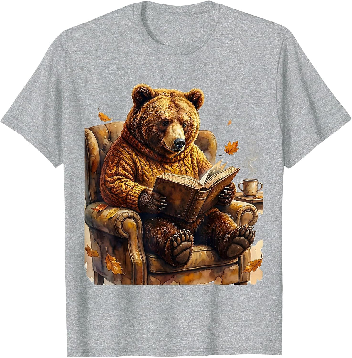 Men's Fall Teacher Bear Reading Book Illustration T-Shirt - Heather Grey