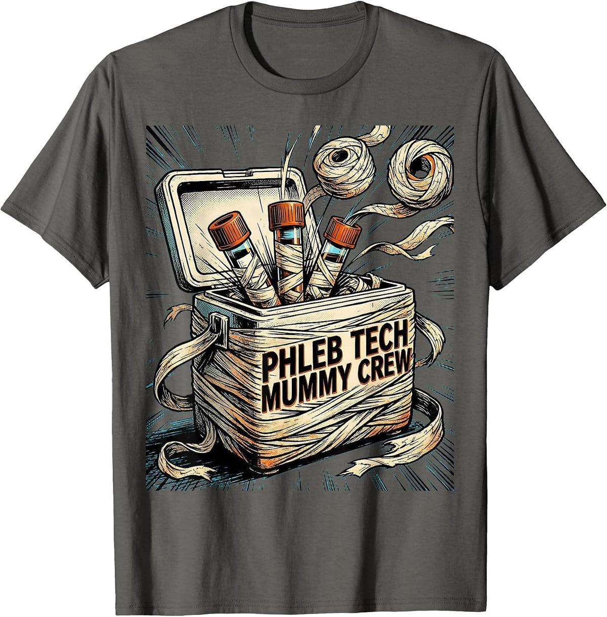 Phleb Tech Mummy Crew Comic Book Halloween Medical Crew T-Shirt - Asphalt Grey