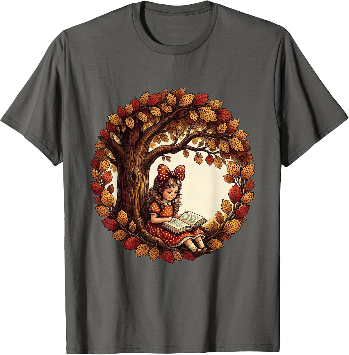 Girls Polka Dot Bow Reading Under Tree T-Shirt - Asphalt Grey